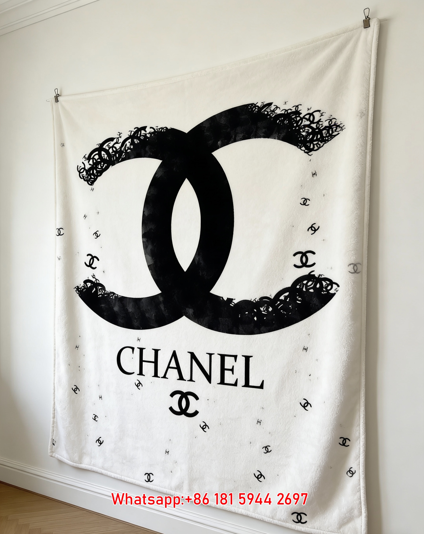 Monochrome Chanel CC Logo Ink Art Flannel Throw Blanket IMG_7111
